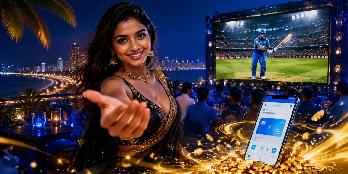 Exciting cricket betting action in India with blue and gold theme