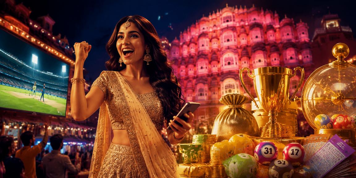 Woman enjoying Teen Patti at Jaipur's historic Hawa Mahal with friends